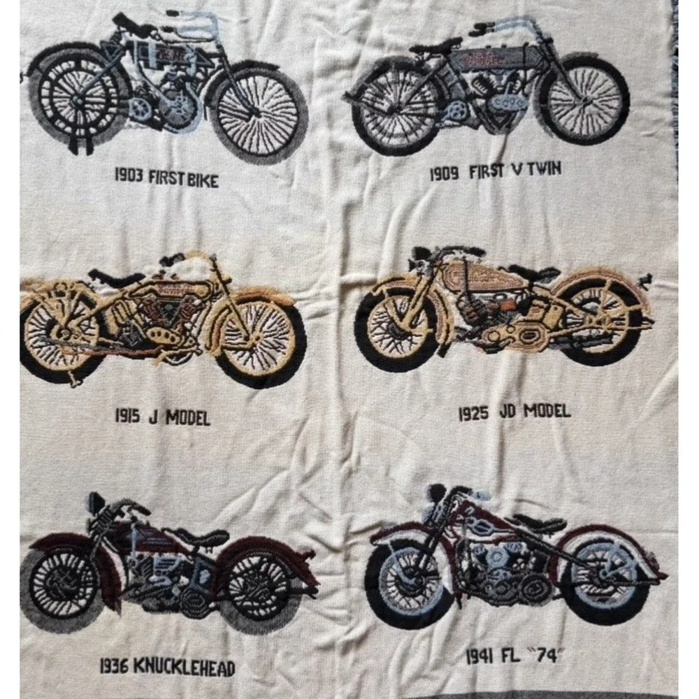 Vtg Harley Davidson Motorcycle Woven Throw Blanket Fringed Tapestry History USA